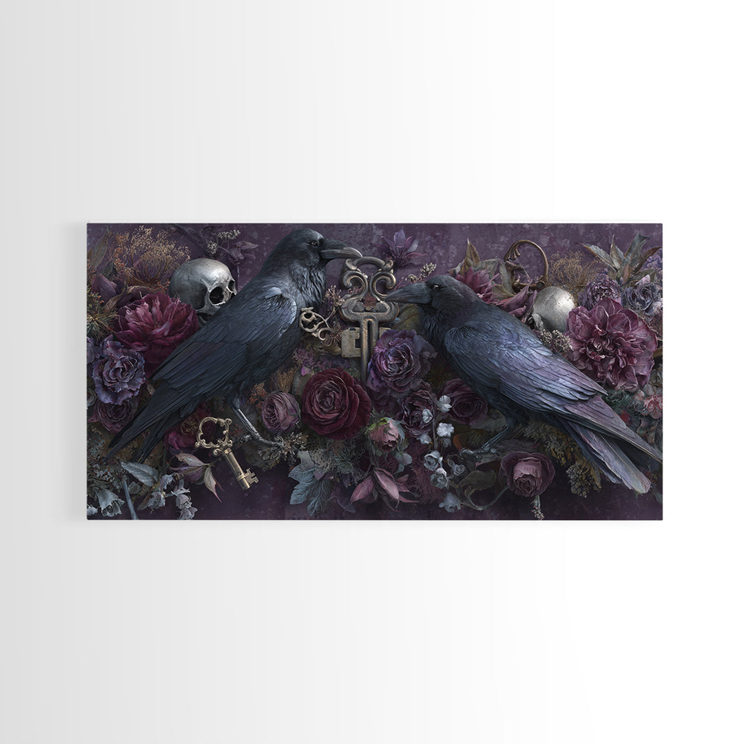 Crow Feathers and Antique Key Still Life Canvas Print, Gothic Art, Contemporary Art, Living Room Decor, Oil Painting, Gothic, GOT-2x1-32
