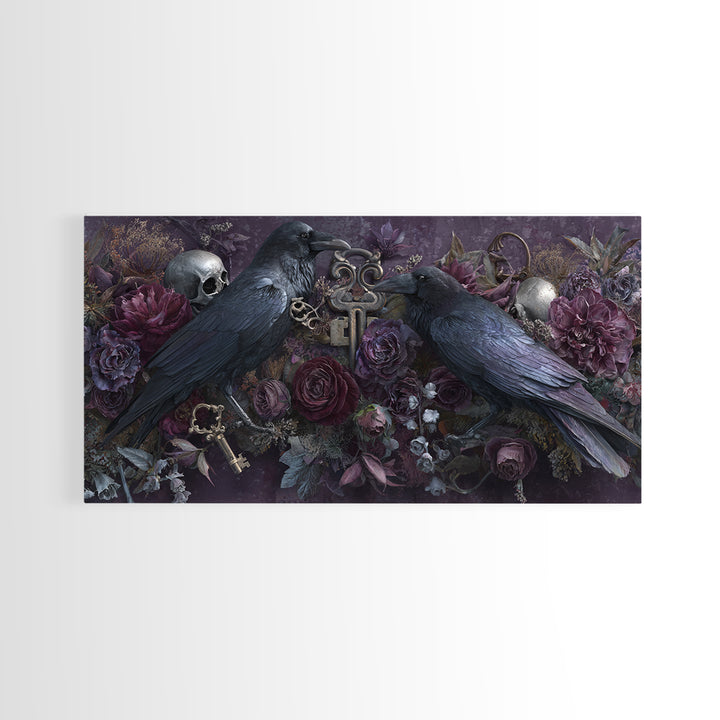 Crow Feathers and Antique Key Still Life Canvas Print, Gothic Art, Contemporary Art, Living Room Decor, Oil Painting, Gothic, GOT-2x1-32