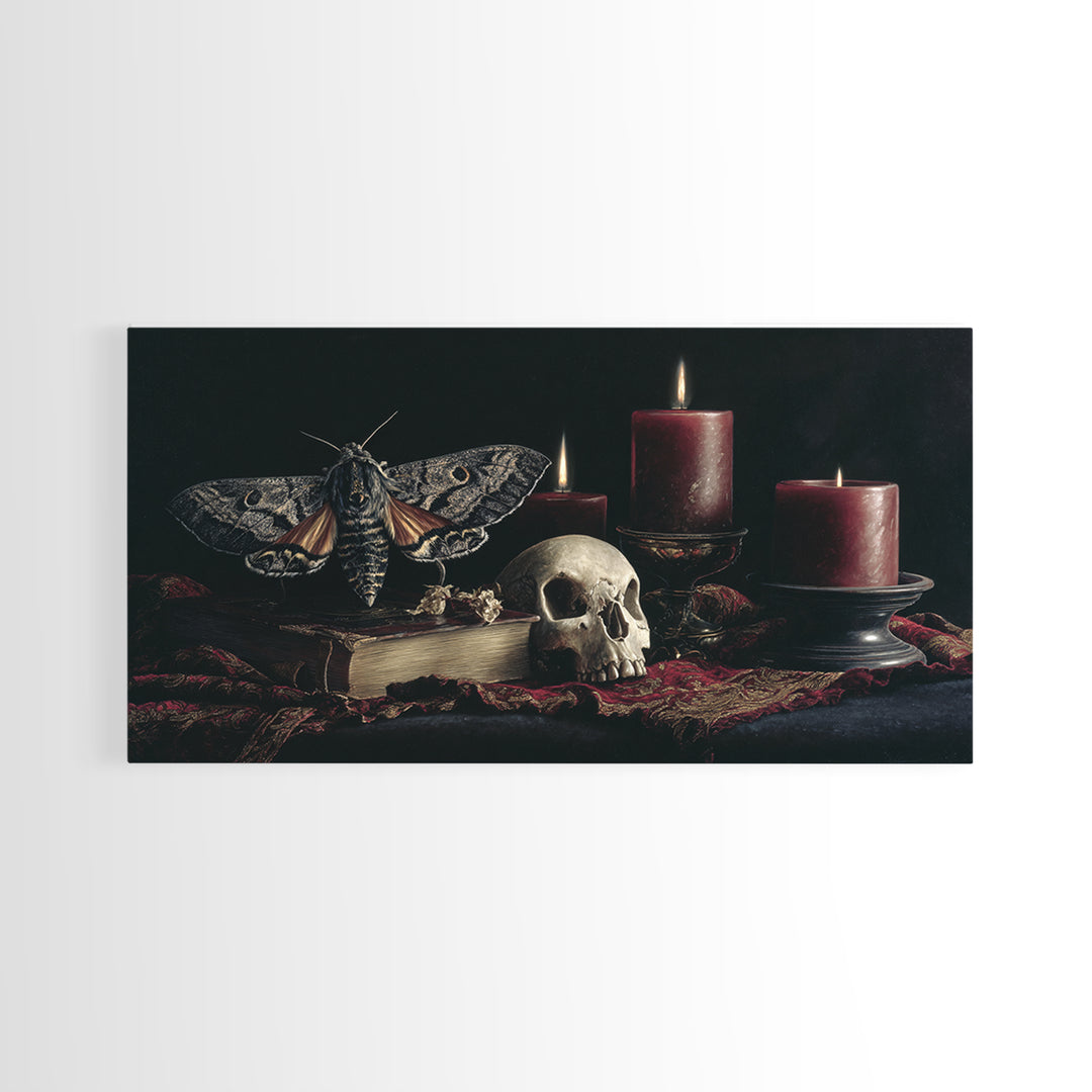 Moth and Skull Composition on Black Velvet Framed Canvas Print, Gothic Art, Halloween Art, Living Room Decor, Watercolor Art, GOT-2x1-59
