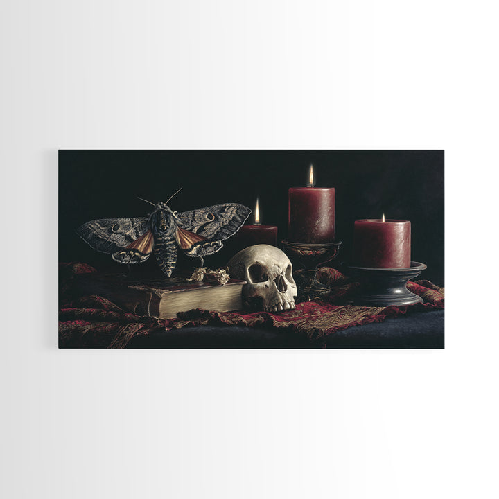 Moth and Skull Composition on Black Velvet Framed Canvas Print, Gothic Art, Halloween Art, Living Room Decor, Watercolor Art, GOT-2x1-59