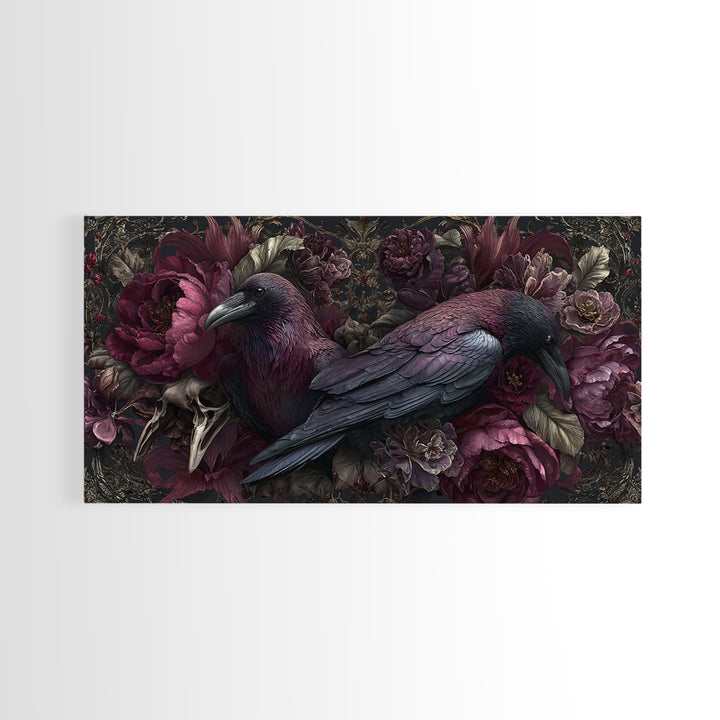 Raven Feathers Arranged Like a Halo Canvas Print, Gothic Art, Textured Painting, Living Room Decor, Watercolor Art, Gothic, GOT-2x1-66