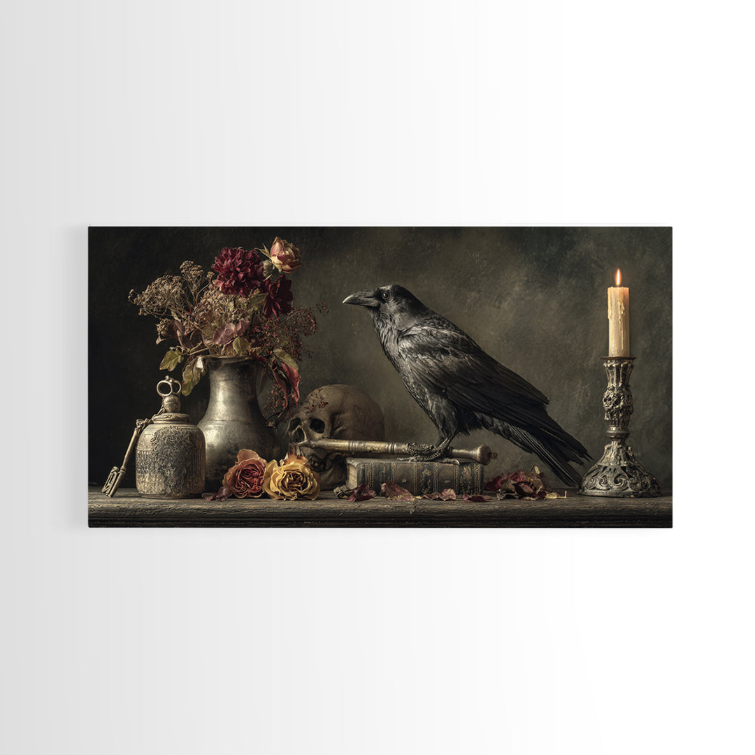 Crow Feathers and Antique Key Still Life Framed Canvas Print, Gothic Art, Dark Academia Decor, Living Room Decor, Gothic, GOT-2x1-80