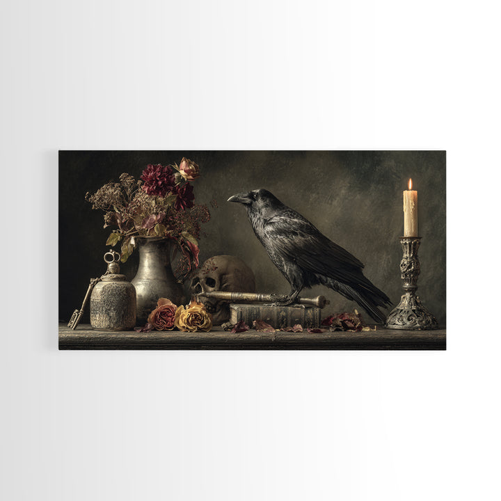Crow Feathers and Antique Key Still Life Framed Canvas Print, Gothic Art, Dark Academia Decor, Living Room Decor, Gothic, GOT-2x1-80