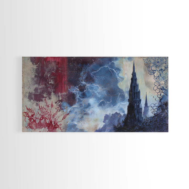 Cathedral Spire Beneath Lightning Clouds Canvas Print, Gothic Art, Wall Art, Living Room Decor, Gothic, Canvas Tote Bag, GOT-2x1-82