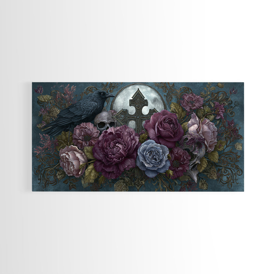 Ornate Cross and Roses Dramatic Still Life Framed Canvas Print, Gothic Art, Canvas Tote Bag, Living Room Decor, Gothic, GOT-2x1-88