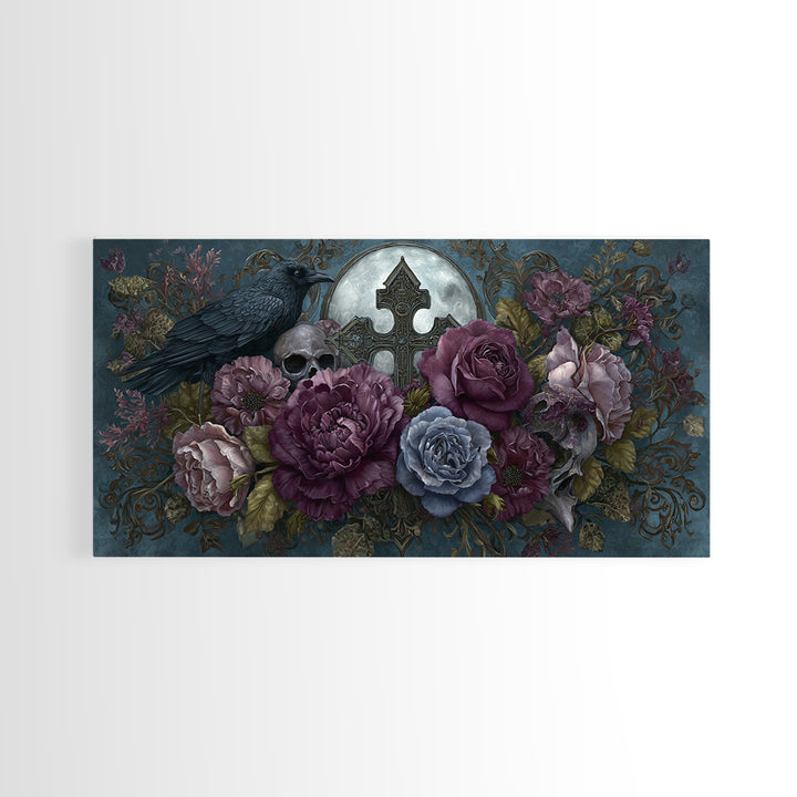 Ornate Cross and Roses Dramatic Still Life Framed Canvas Print, Gothic Art, Canvas Tote Bag, Living Room Decor, Gothic, GOT-2x1-88