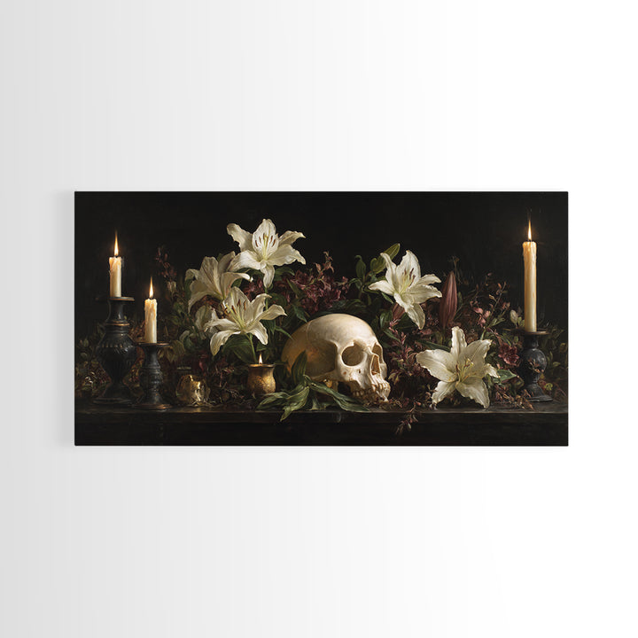 Skull Surrounded by Lilies and Candles Framed Canvas Print, Gothic Art, Canvas Tote Bag, Living Room Decor, Fine Art, Gothic, GOT-2x1-97