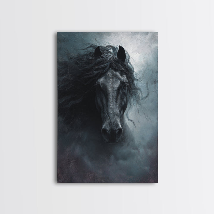 Black Horse with Flowing Mane in Fog Framed Canvas Print, Gothic Art, Wall Art, Living Room Decor, Gothic, Canvas Tote Bag, GOT-2x3-1