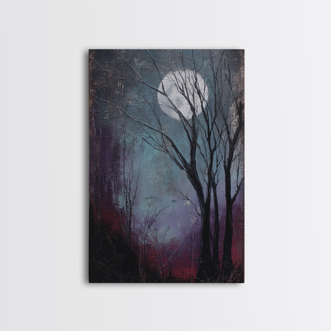 Silver Moon over Twisted Black Trees Framed Canvas Print, Gothic Art, Art Prints, Living Room Decor, Abstract Art, Gothic, GOT-2x3-17