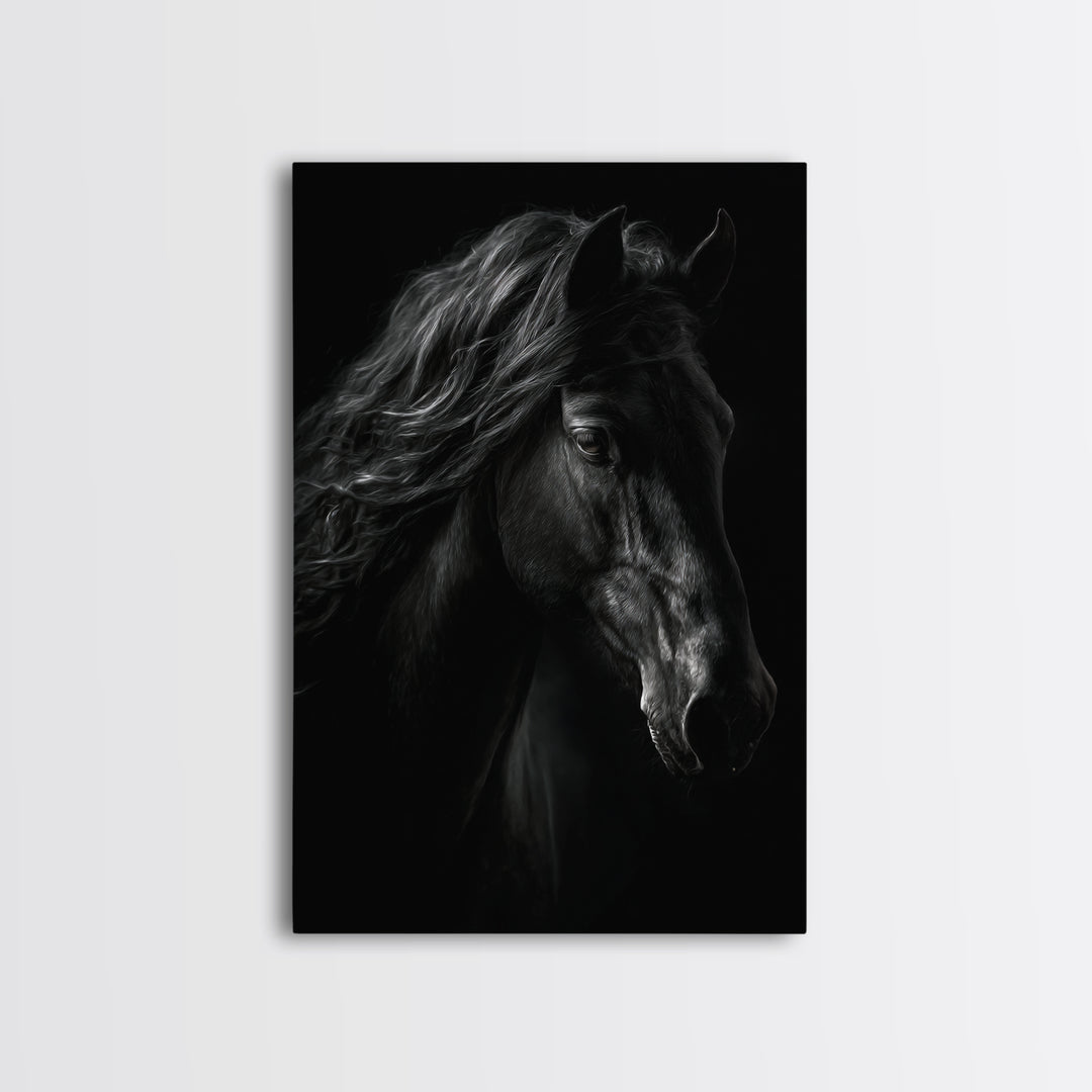 Black Horse with Flowing Mane in Fog Framed Canvas Print, Gothic Art, Wall Art, Living Room Decor, Gothic, Canvas Tote Bag, GOT-2x3-25