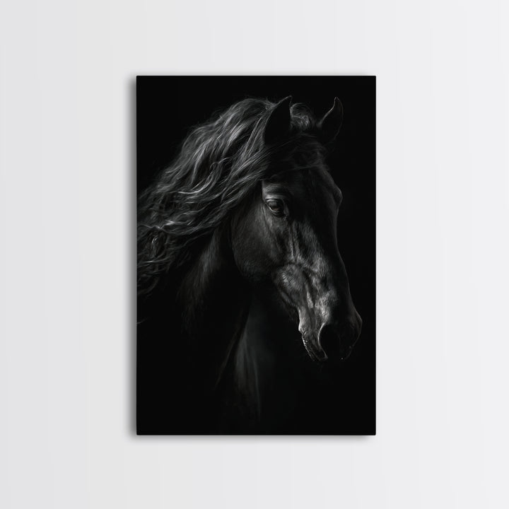 Black Horse with Flowing Mane in Fog Framed Canvas Print, Gothic Art, Wall Art, Living Room Decor, Gothic, Canvas Tote Bag, GOT-2x3-25