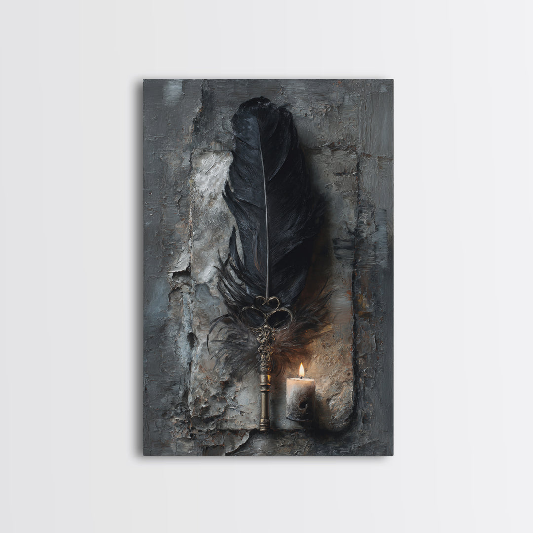 Crow Feathers and Antique Key Still Life Framed Canvas Print, Gothic Art, Black and White Art, Living Room Decor, GOT-2x3-44