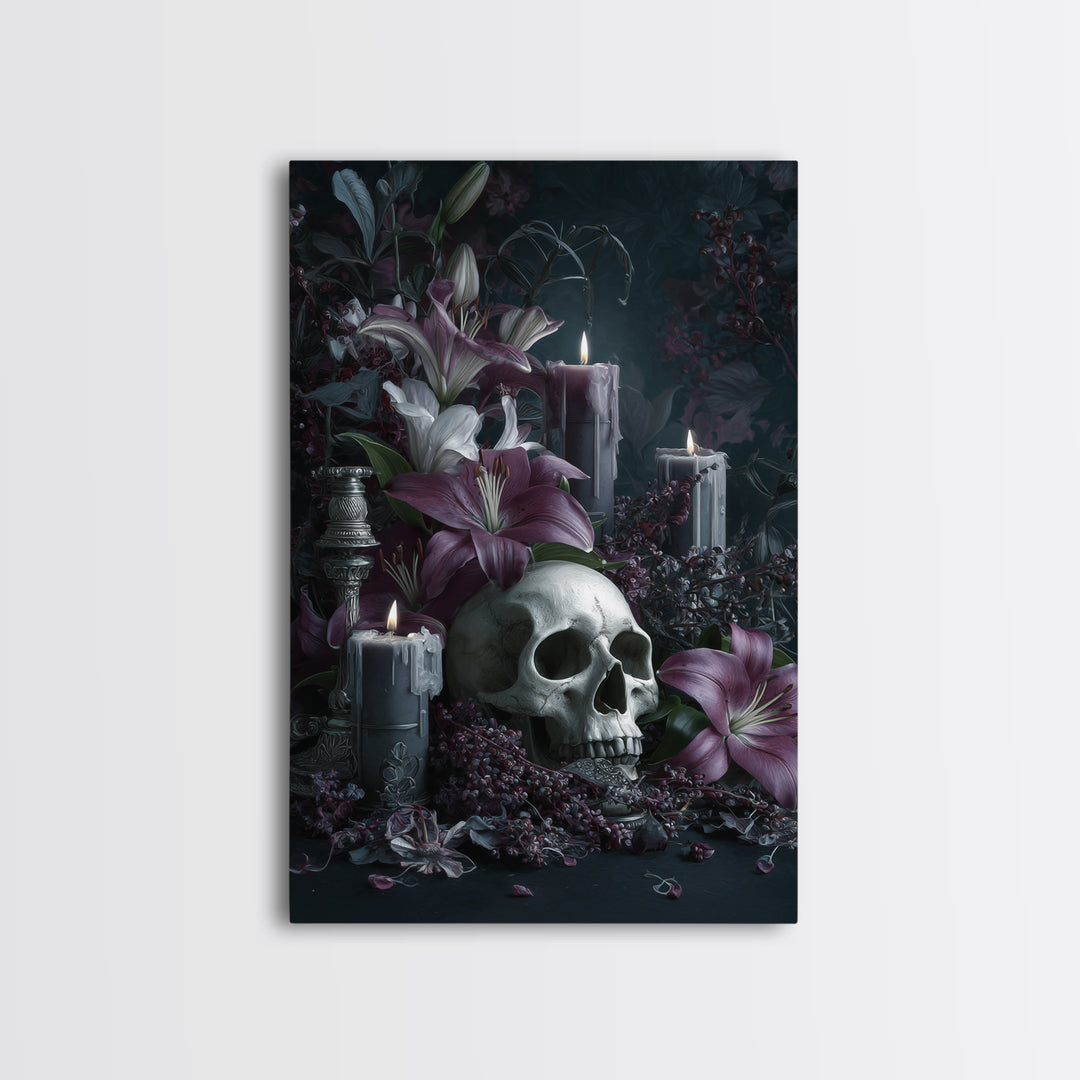 Skull Surrounded by Lilies and Candles Canvas Print, Gothic Art, Original Painting, Living Room Decor, Fine Art, Gothic, GOT-2x3-61