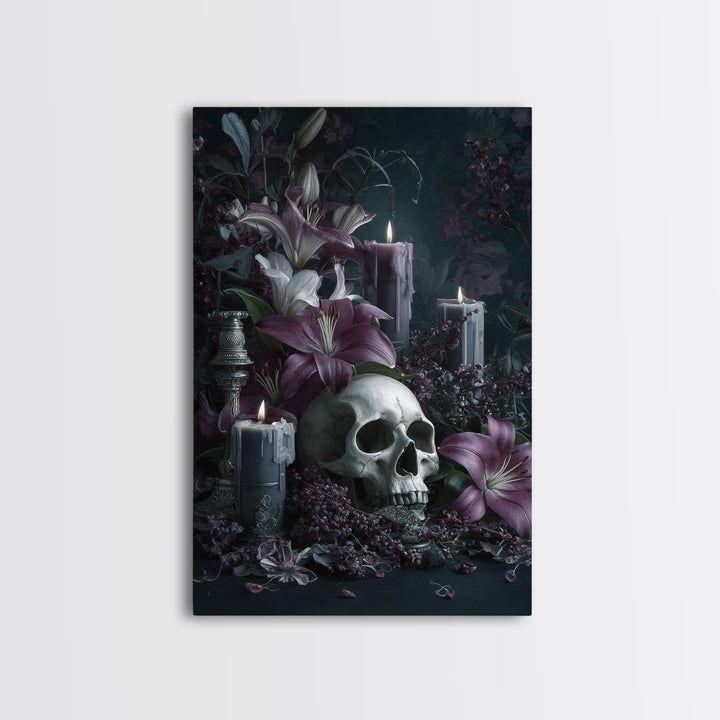 Skull Surrounded by Lilies and Candles Canvas Print, Gothic Art, Original Painting, Living Room Decor, Fine Art, Gothic, GOT-2x3-61