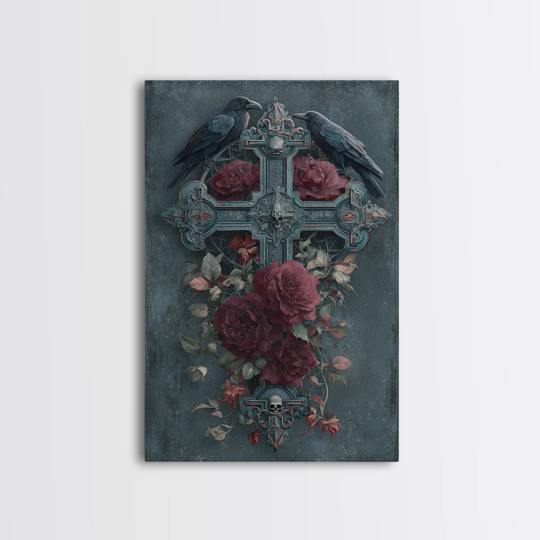 Ornate Cross and Roses Dramatic Still Life Framed Canvas Print, Gothic Art, Printable Art, Living Room Decor, Fine Art, Gothic, GOT-2x3-76