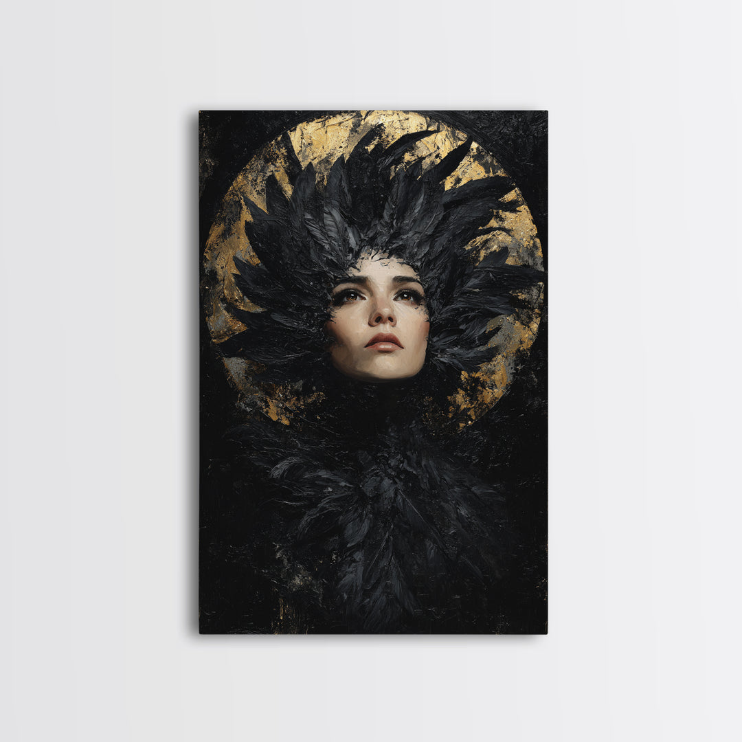 Raven Feathers Arranged Like a Halo Framed Canvas Print, Gothic Art, Art Prints, Living Room Decor, Fine Art, Gothic, GOT-2x3-78