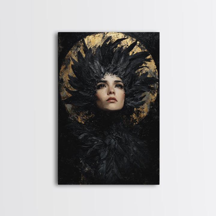 Raven Feathers Arranged Like a Halo Framed Canvas Print, Gothic Art, Art Prints, Living Room Decor, Fine Art, Gothic, GOT-2x3-78