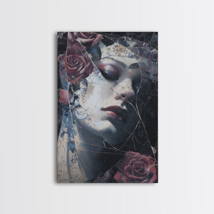 Cracked Mirror Reflecting Moon and Roses Canvas Print, Gothic Art, Poster, Living Room Decor, Fine Art, Gothic, Witchy Decor, GOT-2x3-79