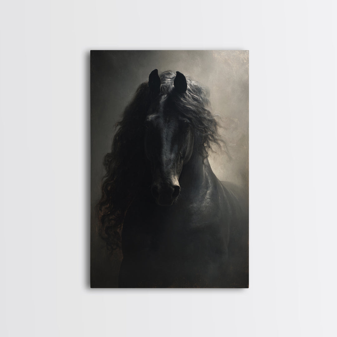 Black Horse with Flowing Mane in Fog Framed Canvas Print, Gothic Art, Art Nouveau, Living Room Decor, Fine Art, Gothic, GOT-2x3-97