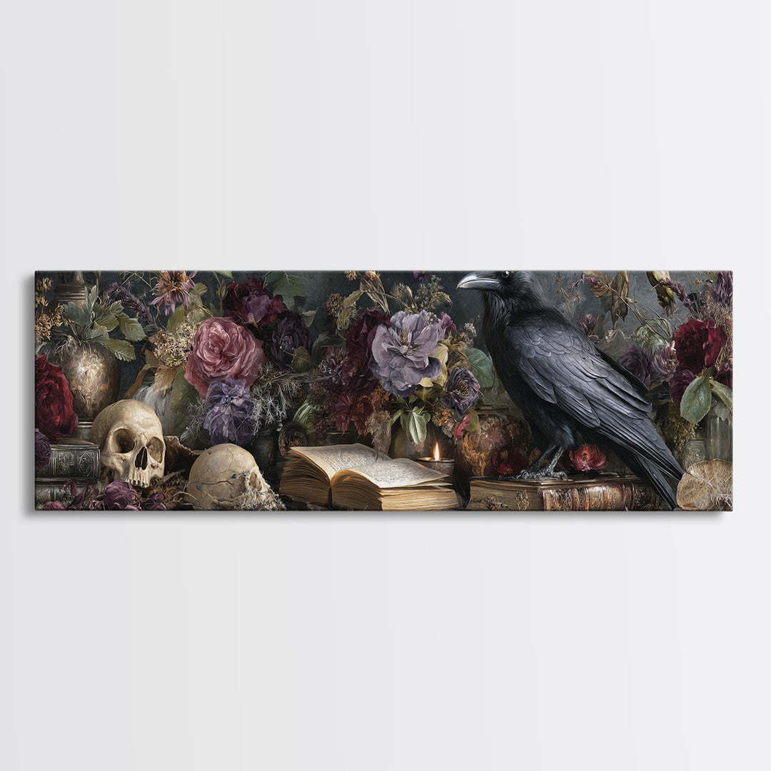 Candlelit Book and Dried Flowers Still Life Framed Canvas Print, Gothic Art, Home Decor, Living Room Decor, Fine Art, Gothic, GOT-3x1-10