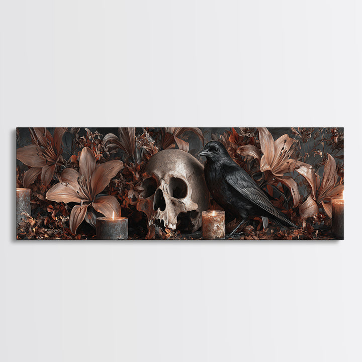 Skull Surrounded by Lilies and Candles Canvas Print, Gothic Art, Gothic Wall Art, Living Room Decor, Fine Art, Gothic, GOT-3x1-21
