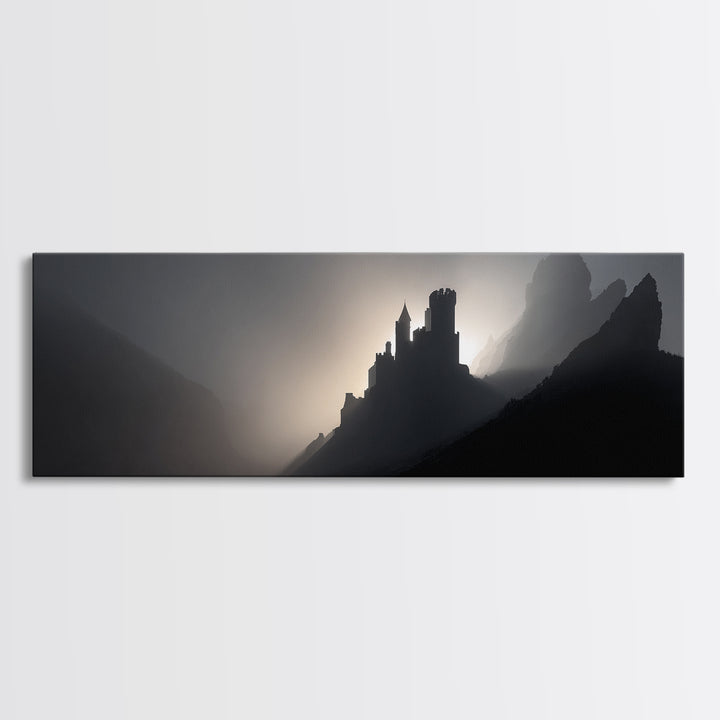 Stormy Castle Silhouette on Jagged Cliffs Canvas Print, Gothic Art, Boho Decor, Living Room Decor, Abstract Art, Gothic, GOT-3x1-22