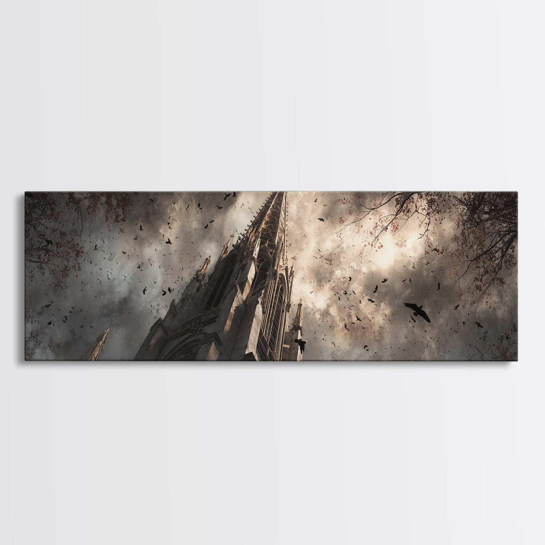 Cathedral Spire Beneath Lightning Clouds Canvas Print, Gothic Art, Wall Art, Living Room Decor, Gothic, Canvas Tote Bag, GOT-3x1-30