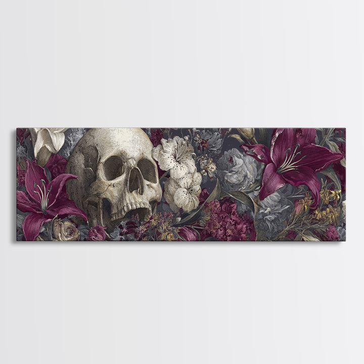 Skull Surrounded by Lilies and Candles Canvas Print, Gothic Art, Gothic Wall Art, Living Room Decor, Fine Art, Gothic, GOT-3x1-45