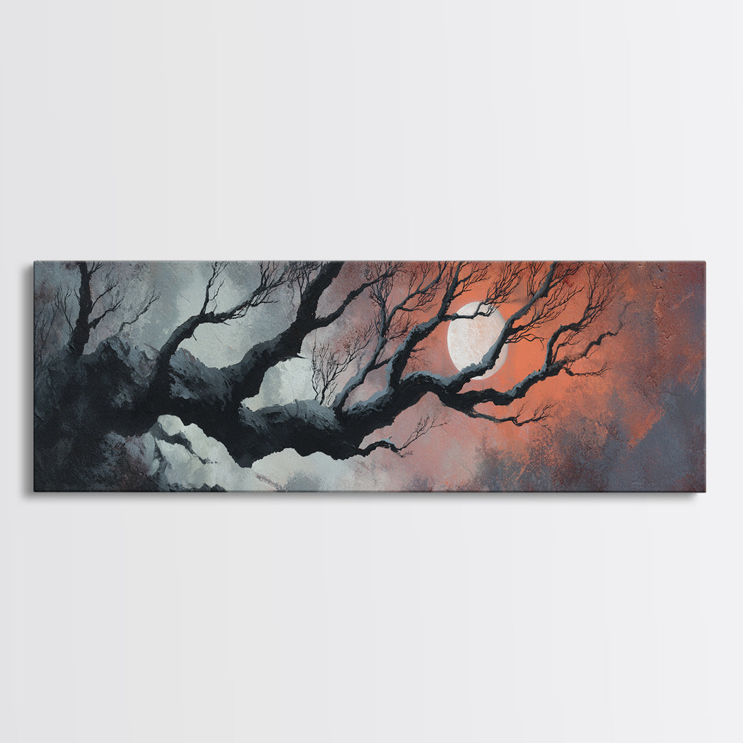 Silver Moon over Twisted Black Trees Canvas Print, Gothic Art, Moody Wall Art, Living Room Decor, Abstract Art, Gothic, GOT-3x1-49