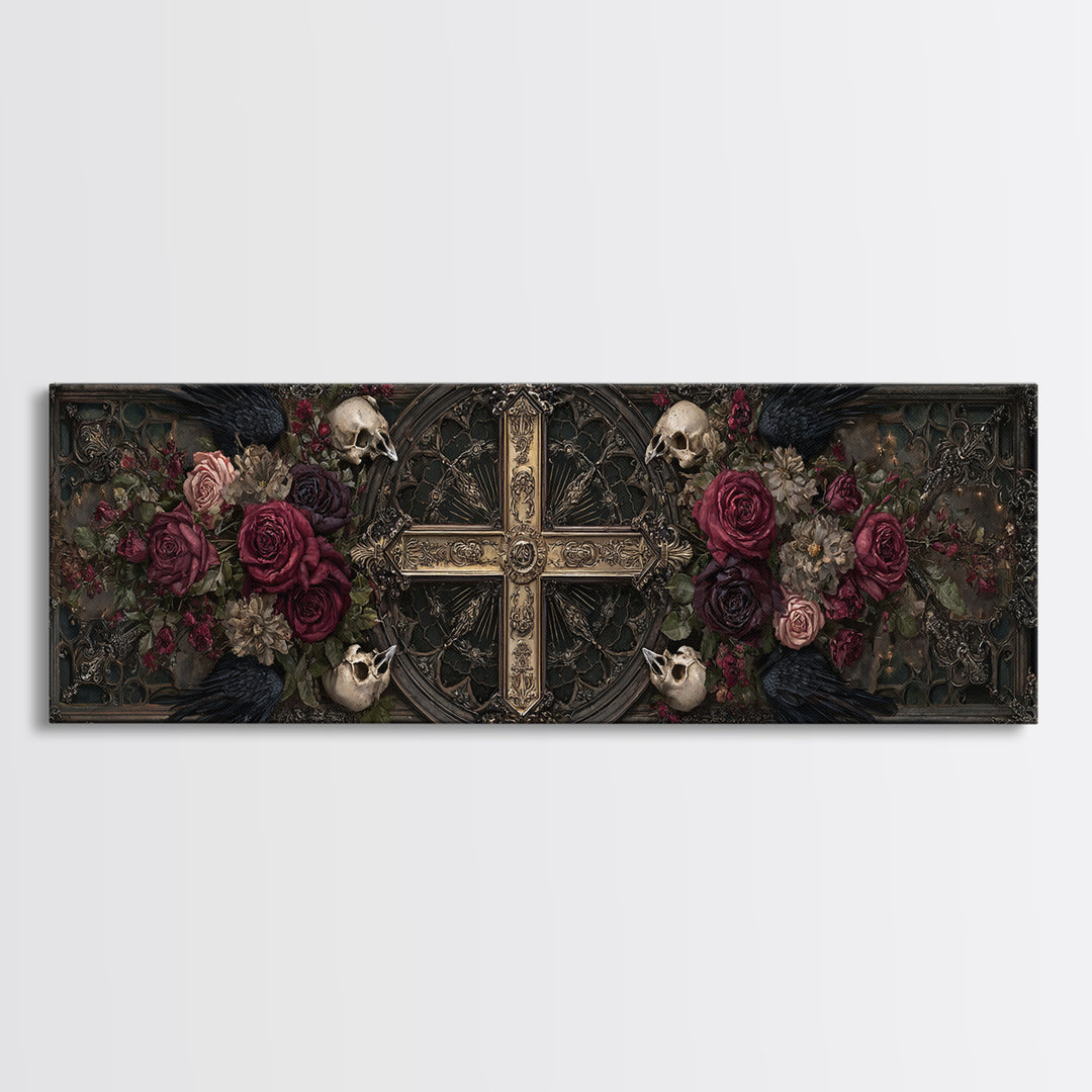 Ornate Cross and Roses Dramatic Still Life Framed Canvas Print, Gothic Art, Halloween Decor, Living Room Decor, Gothic, GOT-3x1-84
