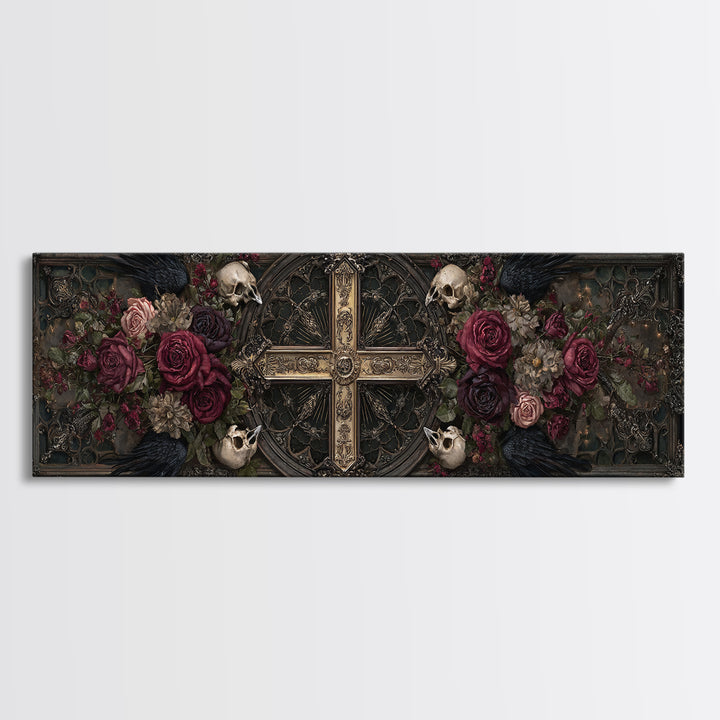 Ornate Cross and Roses Dramatic Still Life Framed Canvas Print, Gothic Art, Halloween Decor, Living Room Decor, Gothic, GOT-3x1-84