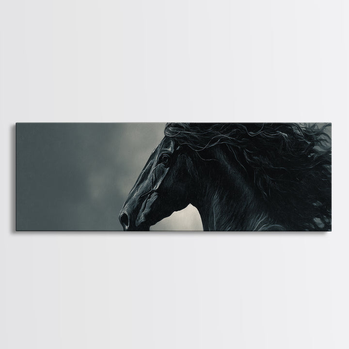 Black Horse with Flowing Mane in Fog Framed Canvas Print, Gothic Art, Gothic Decor, Living Room Decor, Fine Art, Gothic, GOT-3x1-9