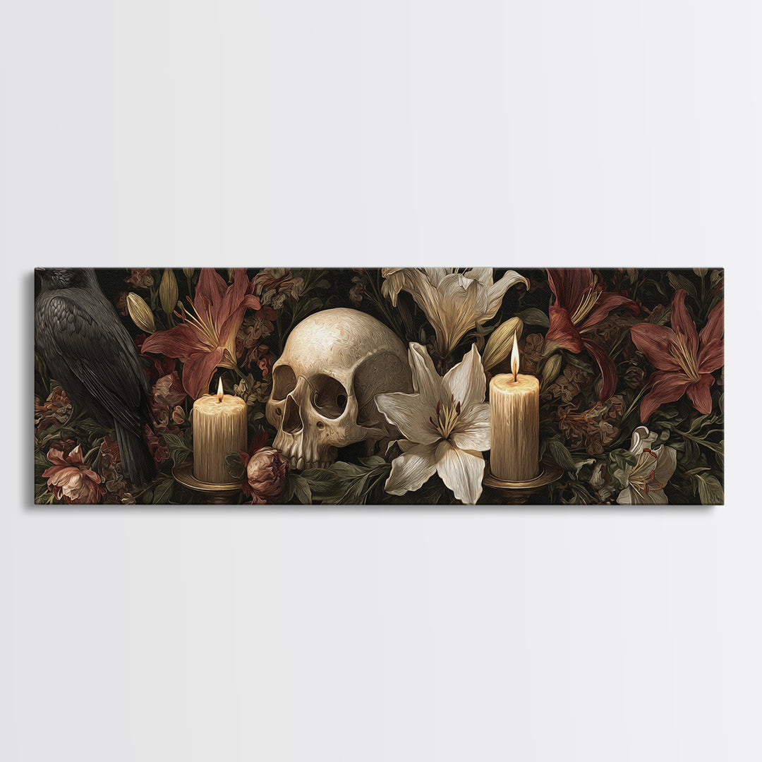 Skull Surrounded by Lilies and Candles Canvas Print, Gothic Art, Witchy Home Decor, Living Room Decor, Fine Art, Gothic, GOT-3x1-93
