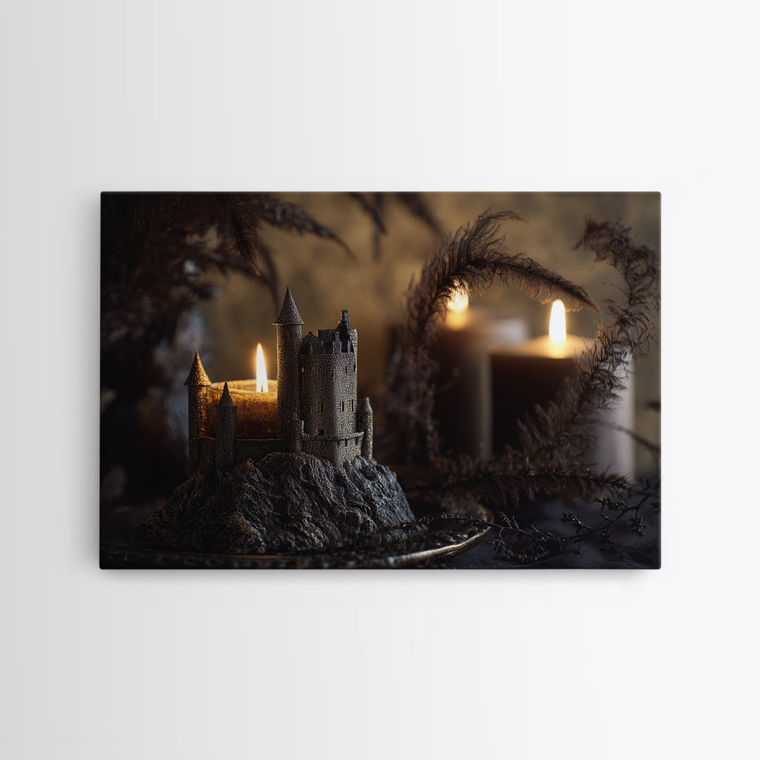 Stormy Castle Silhouette on Jagged Cliffs Framed Canvas Print, Gothic Art, Art Nouveau, Living Room Decor, Fine Art, Gothic, GOT-3x2-10