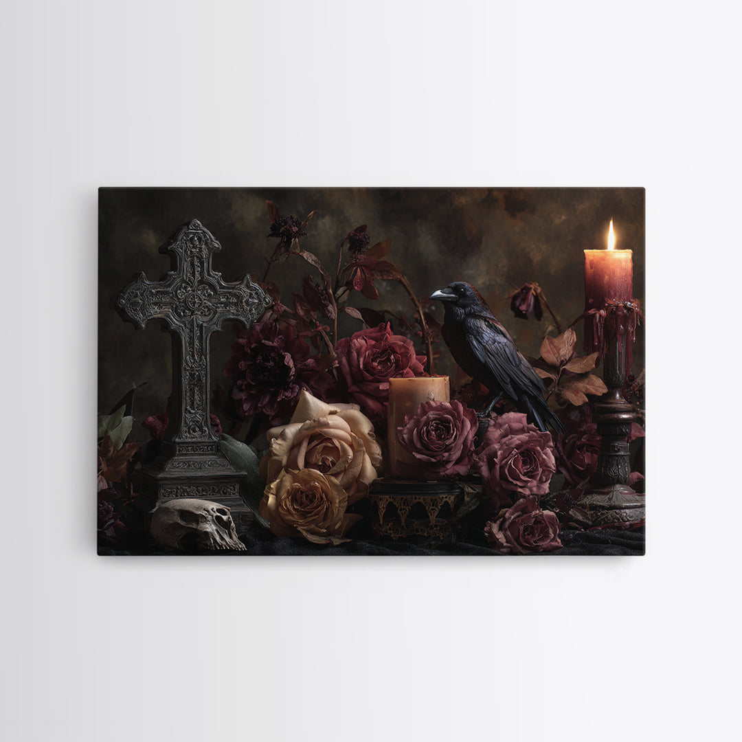 Ornate Cross and Roses Dramatic Still Life Framed Canvas Print, Gothic Art, Printable Art, Living Room Decor, Fine Art, Gothic, GOT-3x2-24
