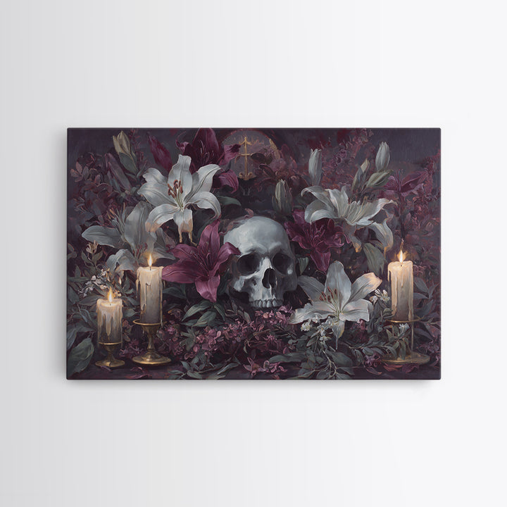 Skull Surrounded by Lilies and Candles Canvas Print, Gothic Art, Halloween Art, Living Room Decor, Gothic, Neutral Decor, GOT-3x2-33