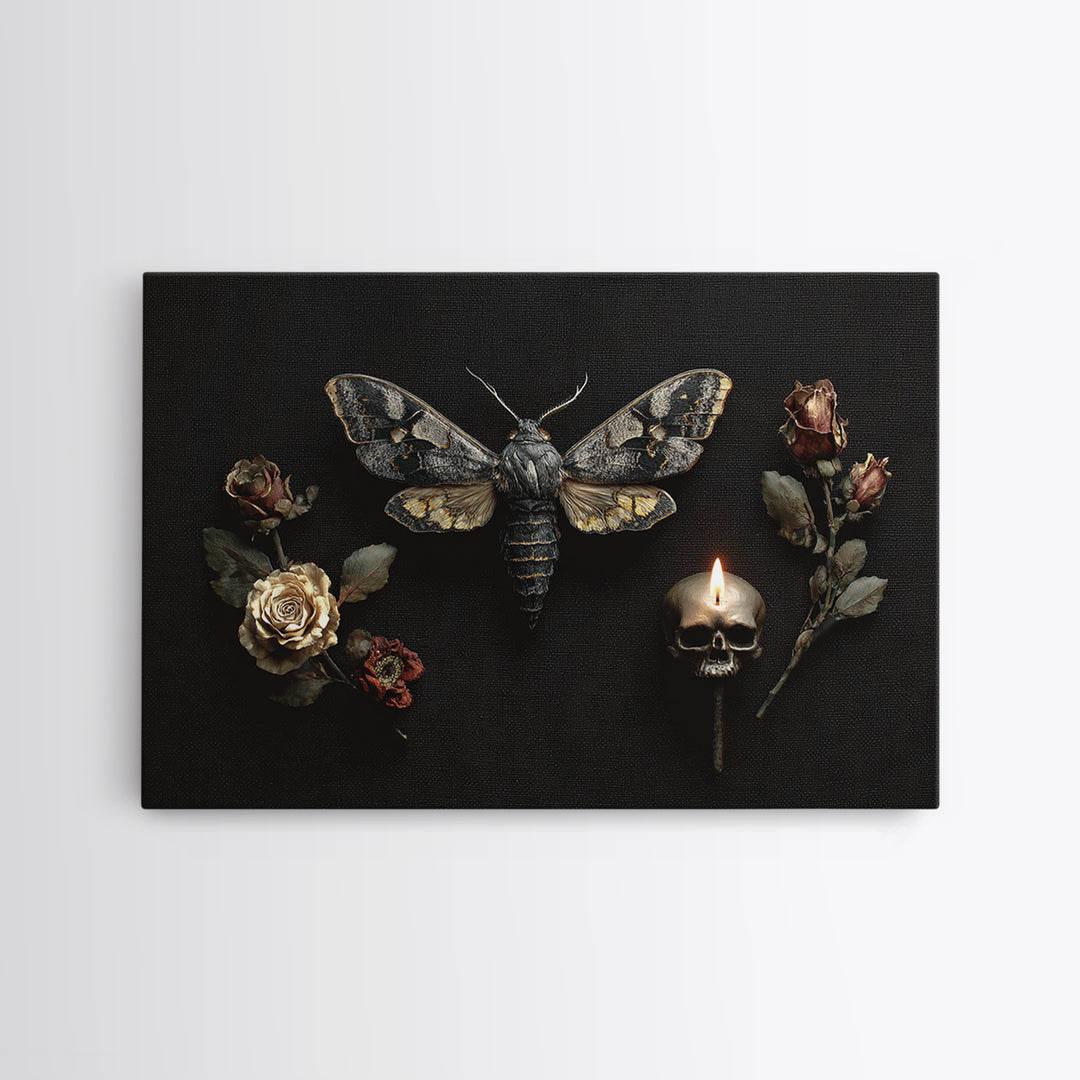 Moth and Skull Composition on Black Velvet Canvas Print, Gothic Art, Black and White Art, Living Room Decor, Abstract Art, GOT-3x2-43