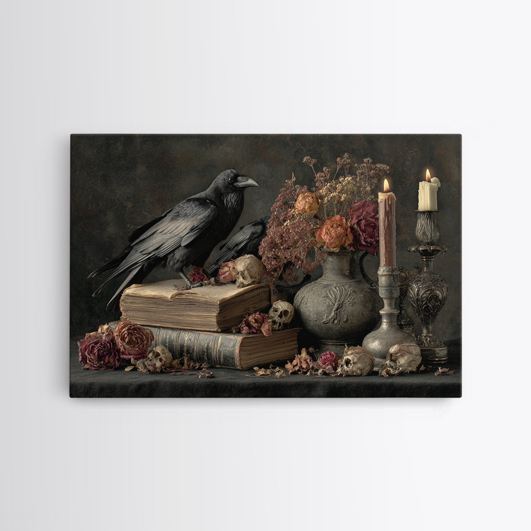 Candlelit Book and Dried Flowers Still Life Framed Canvas Print, Gothic Art, Witchy Decor, Living Room Decor, Fine Art, Gothic, GOT-3x2-46