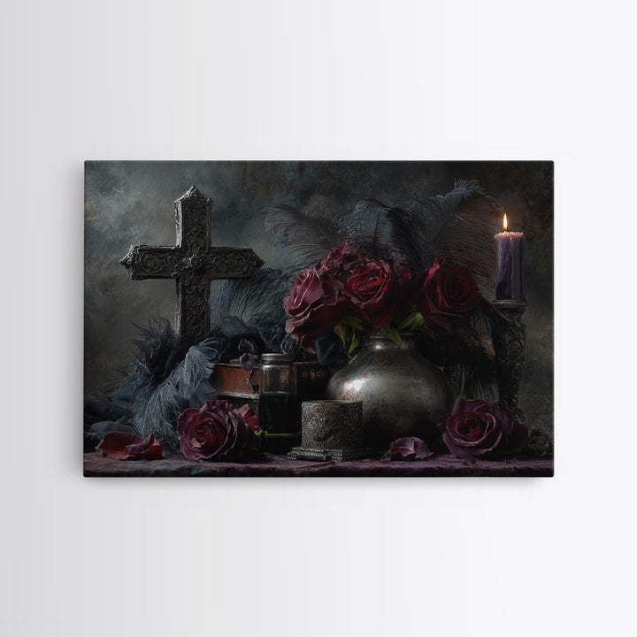 Ornate Cross and Roses Dramatic Still Life Canvas Print, Gothic Art, Living Room Decor, Fine Art, Gothic, Modern Decor, GOT-3x2-48