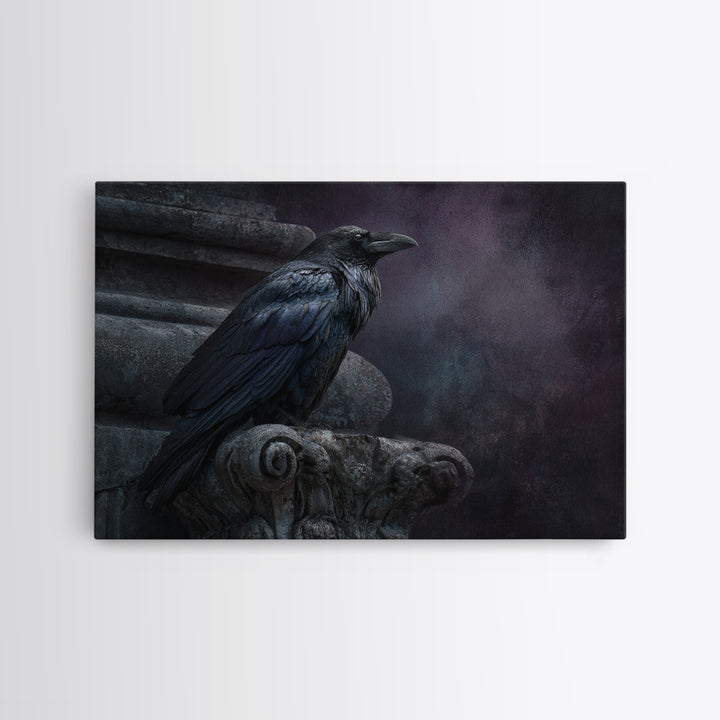 Raven on a Cathedral Gargoyle Framed Canvas Print, Gothic Art, Moody Wall Art, Living Room Decor, Fine Art, Gothic, Wall Decor, GOT-3x2-5