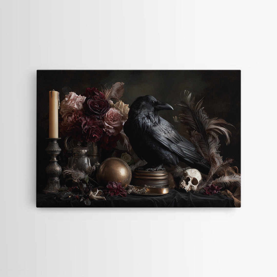Raven Feathers Arranged Like a Halo Framed Canvas Print, Gothic Art, Printable Art, Living Room Decor, Oil Painting, Gothic, GOT-3x2-50