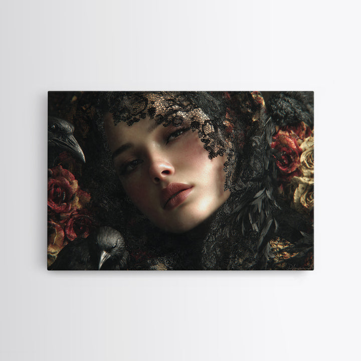 Melancholy Woman Portrait Canvas Print, Gothic Art, Black and White Art, Living Room Decor, Oil Painting, Gothic, GOT-3x2-56