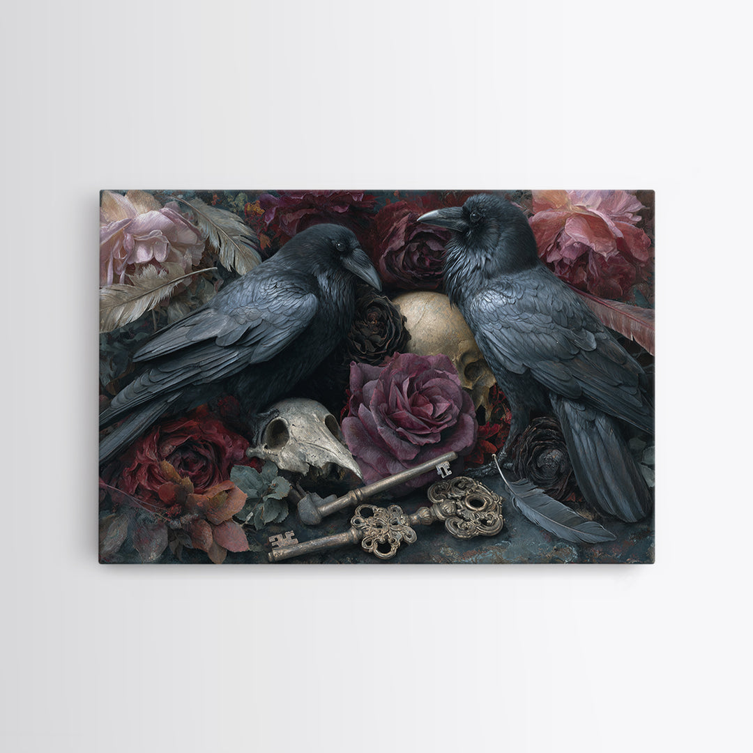 Crow Feathers and Antique Key Still Life Framed Canvas Print, Gothic Art, Gallery Decor, Living Room Decor, Abstract Art, GOT-3x2-64