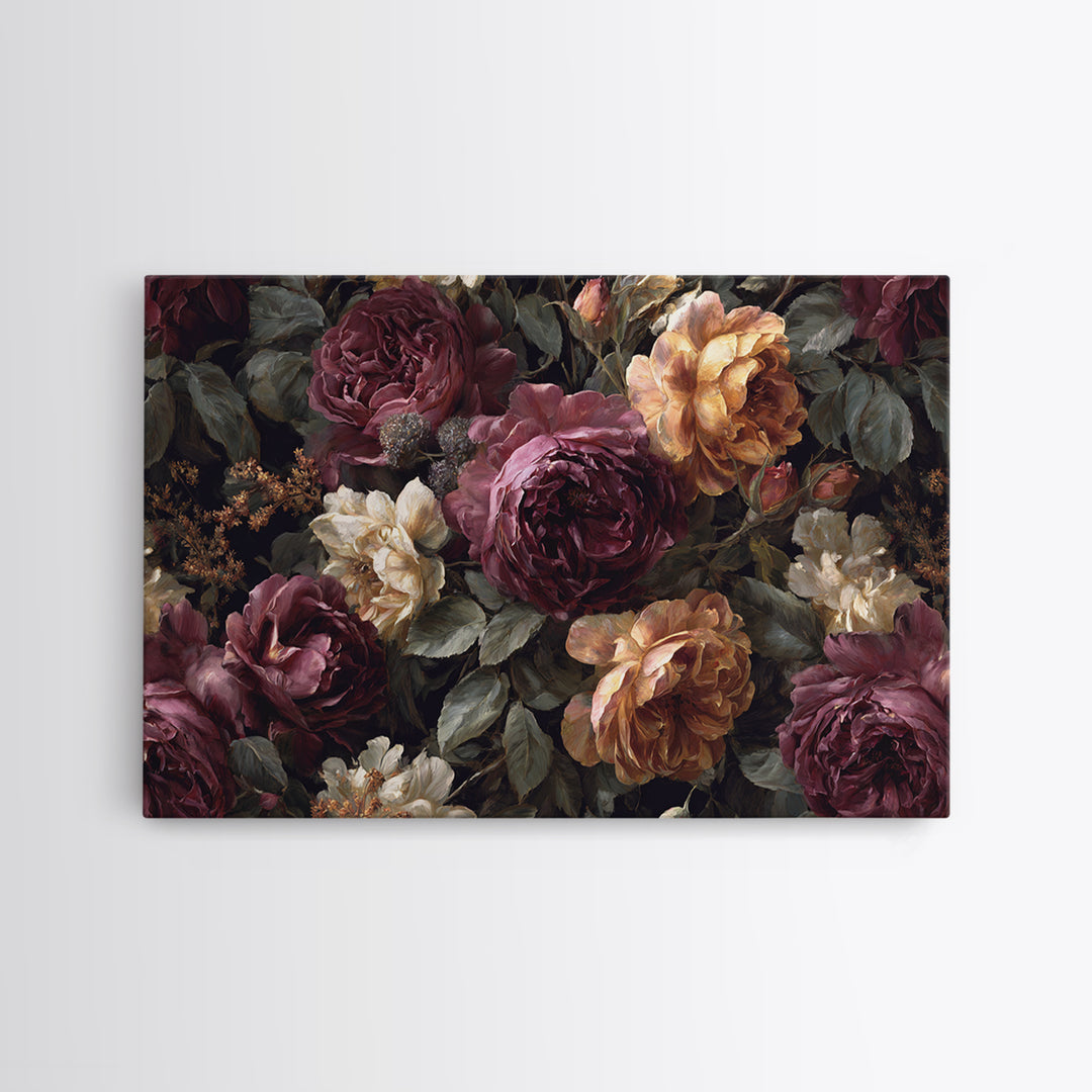 Dark Floral Wallpaper Pattern Framed Canvas Print, Gothic Art, Canvas Painting, Living Room Decor, Gothic, Fine Art Print, GOT-3x2-65