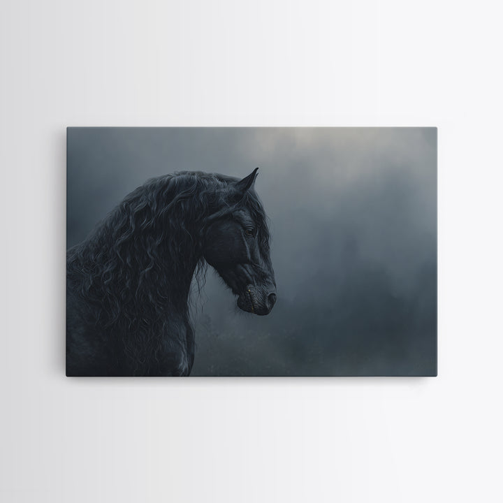 Black Horse with Flowing Mane in Fog Framed Canvas Print, Gothic Art, Gothic Wallpaper, Living Room Decor, Fine Art, Gothic, GOT-3x2-69