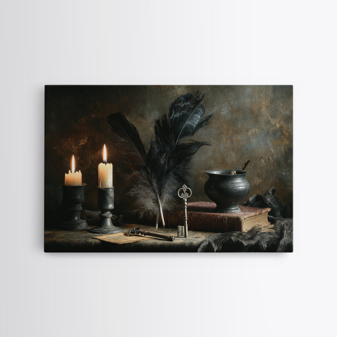 Crow Feathers and Antique Key Still Life Canvas Print, Gothic Art, Boho Decor, Living Room Decor, Fine Art, Gothic, Art Print, GOT-3x2-88