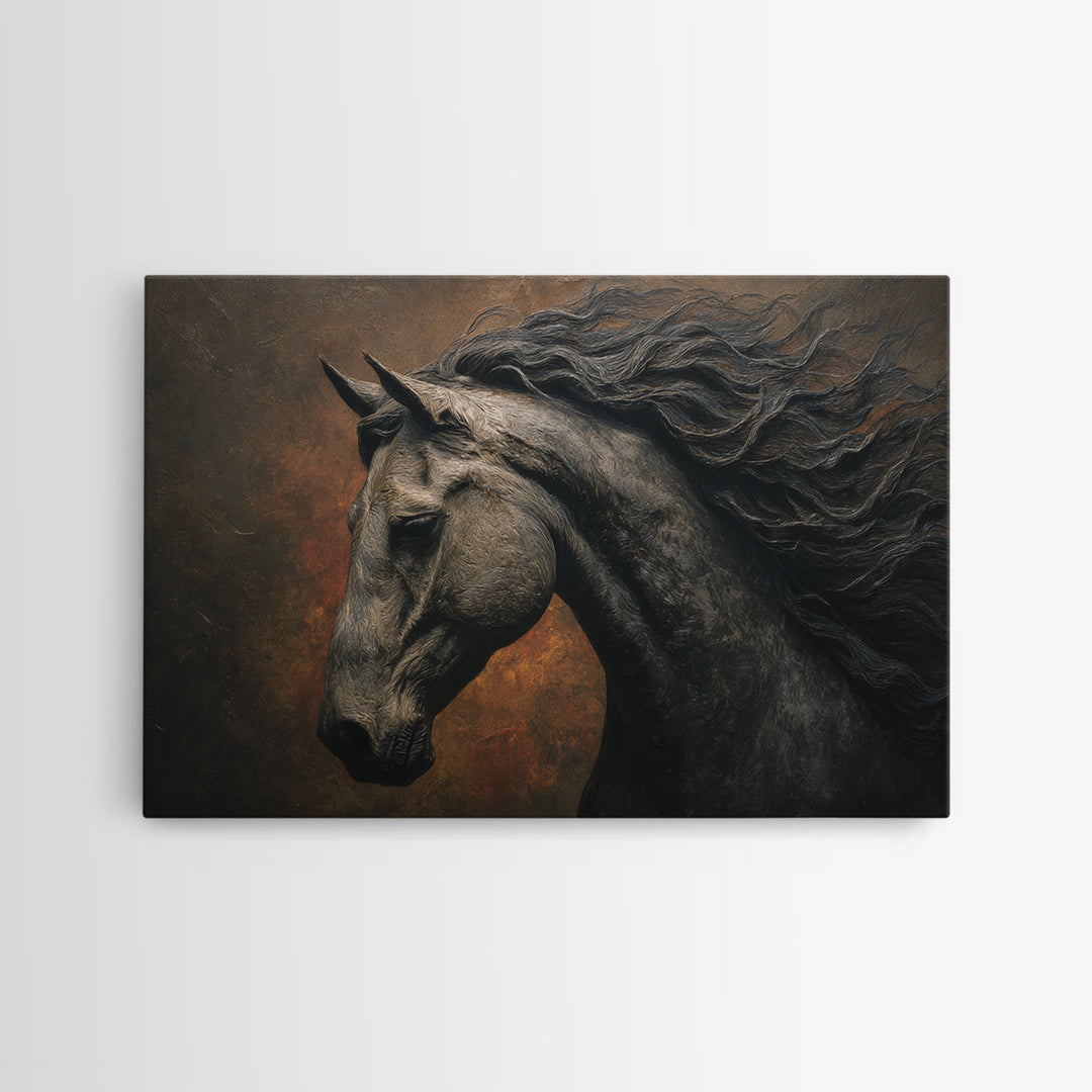 Black Horse with Flowing Mane in Fog Canvas Print, Gothic Art, Black and White Art, Living Room Decor, Fine Art, Gothic, GOT-3x2-93