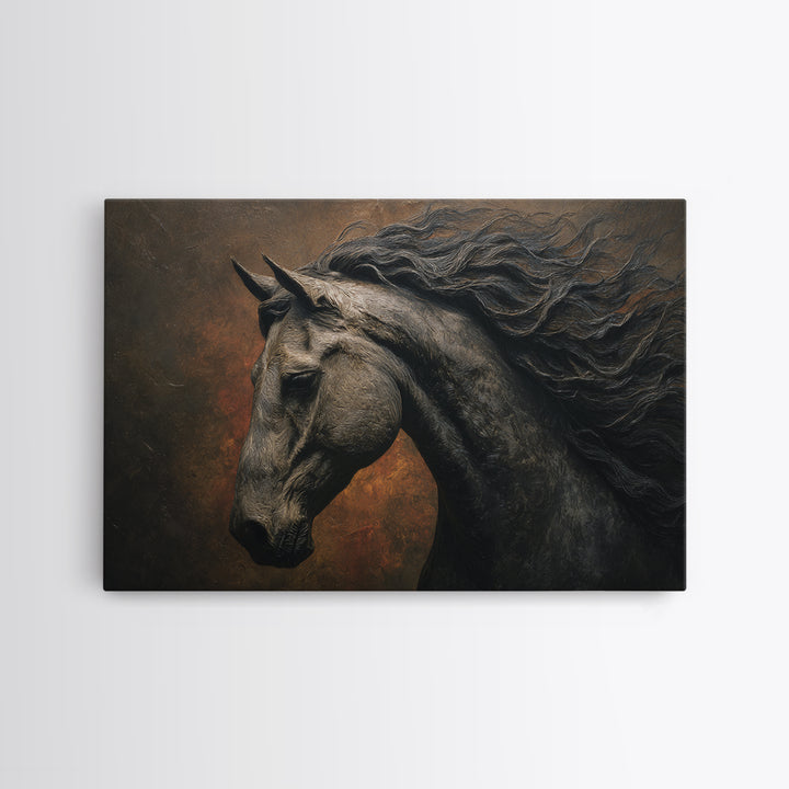 Black Horse with Flowing Mane in Fog Canvas Print, Gothic Art, Black and White Art, Living Room Decor, Fine Art, Gothic, GOT-3x2-93
