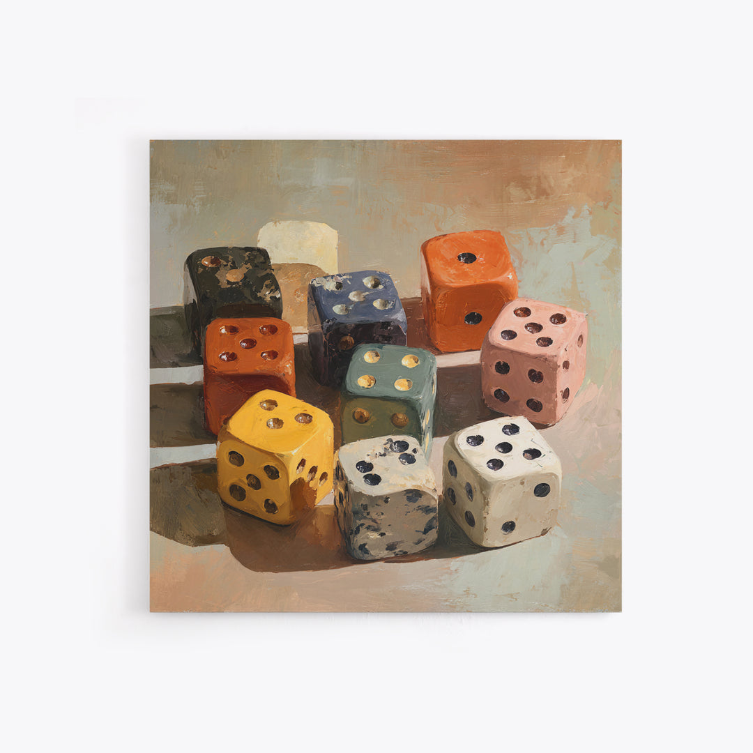 Tabletop Dice Rolling Through Dramatic Light Framed Canvas Print, Game Room Art, Gallery Decor, Game Room Decor, Fine Art, Play, GRA-1x1-41