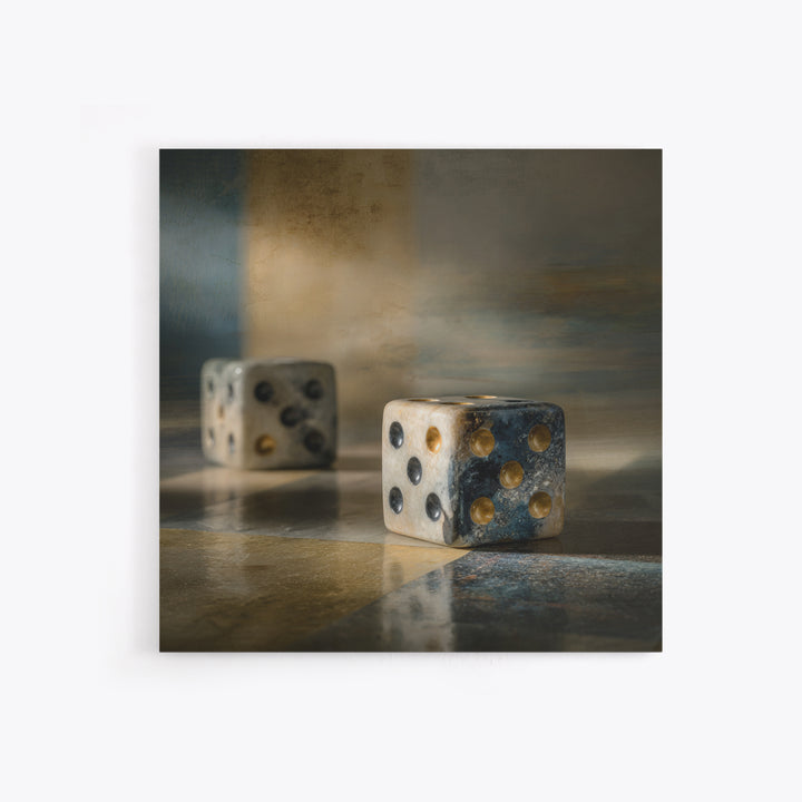 Tabletop Dice Rolling Through Dramatic Light Framed Canvas Print, Game Room Art, Gallery Decor, Game Room Decor, Fine Art, Play, GRA-1x1-65